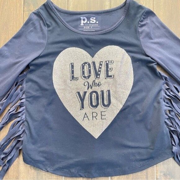 P.S. from Aeropostale Navy Silver Heart Sparkle Fringe Top Girls 7 - Picture 2 of 5